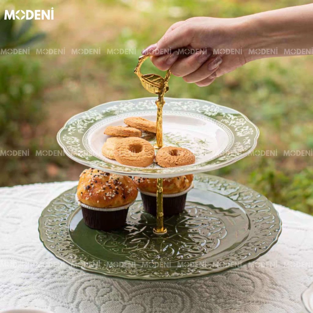 Đĩa bánh Julius 2 tầng sứ cao cấp – Tay cầm mạ vàng, đựng bánh trái decor tiệc trà