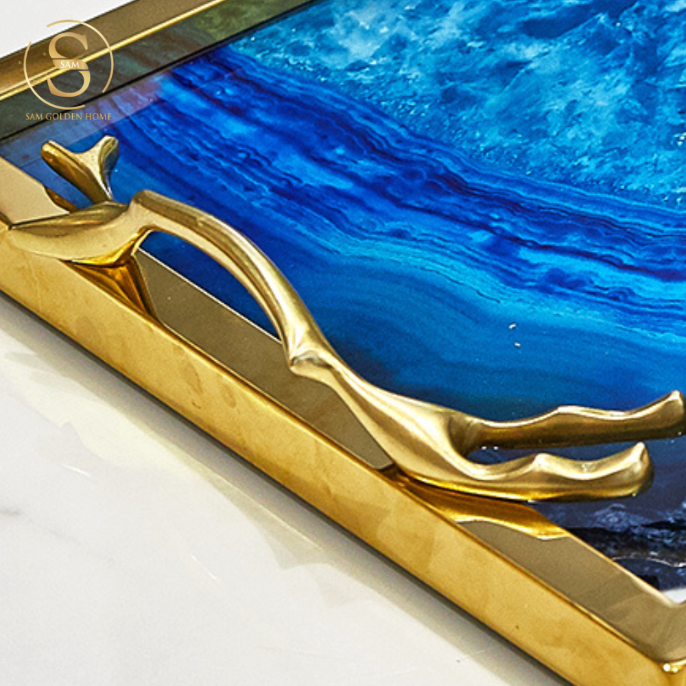 Khay Chữ Nhật Lazuli Trang Trí Mặt Thủy Tinh Cao Cấp Khung Inox Mạ Vàng Sang Trọng Màu Xanh Lưu Ly