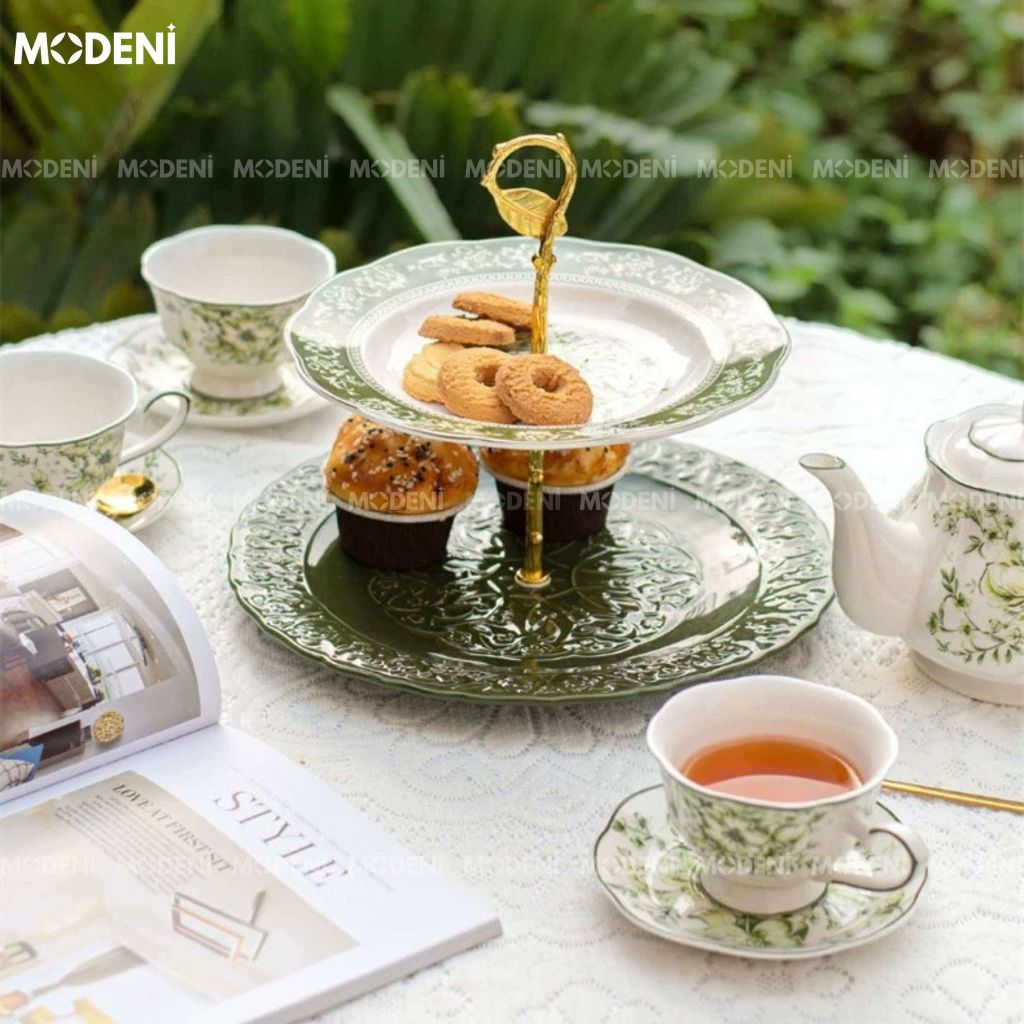 Đĩa bánh Julius 2 tầng sứ cao cấp – Tay cầm mạ vàng, đựng bánh trái decor tiệc trà