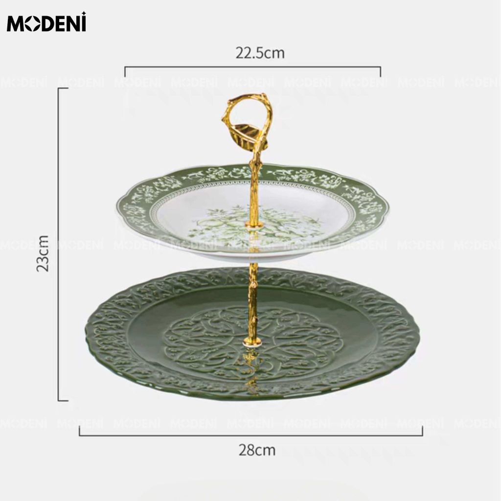 Đĩa bánh Julius 2 tầng sứ cao cấp – Tay cầm mạ vàng, đựng bánh trái decor tiệc trà