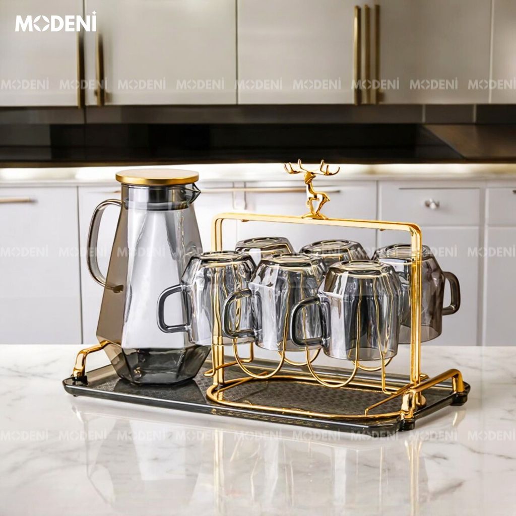 Elemi Màu Đen – Bộ Bình Ly Thủy Tinh Cao Cấp Phối Hợp Kim – 1 Bình 6 Ly Kèm Giá Đỡ Sang Trọng Cho Bàn Tiếp Khách hoặc Quà Tặng Biệt Thự