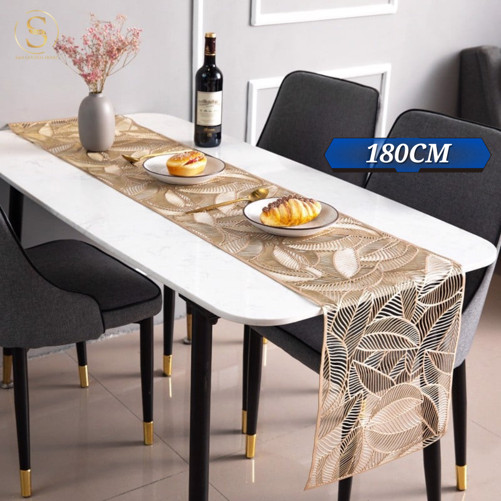 Khăn Bàn Table Runner Golden Leaf Sang Trọng Khảm Hoa Lá