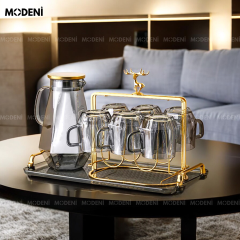 Bộ bình ly Elemi màu đen thuỷ tinh cao cấp kèm khay giá đỡ hợp kim sang trọng