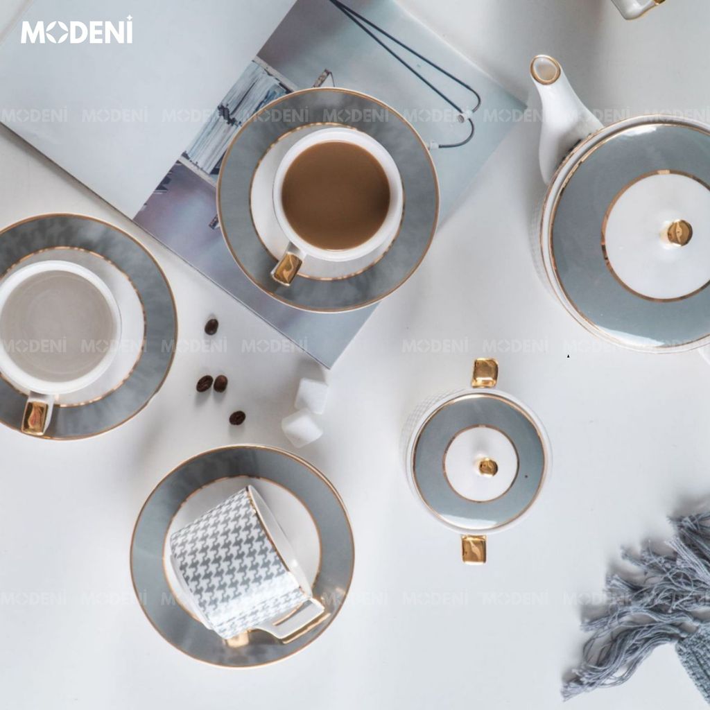 Bộ Trà Sứ Xương Semal Cao Cấp 21 Món – Gồm Ấm, Hủ Sữa, Đường, 6 Ly Kèm Muỗng Gold – Phù Hợp Decor Biệt Thự hoặc Làm Quà Tặng Sang Trọng