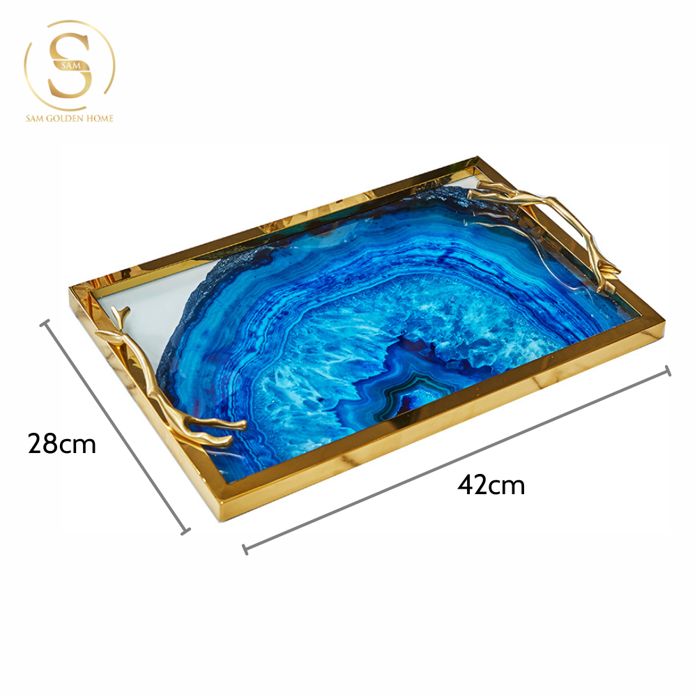 Khay Chữ Nhật Lazuli Trang Trí Mặt Thủy Tinh Cao Cấp Khung Inox Mạ Vàng Sang Trọng Màu Xanh Lưu Ly