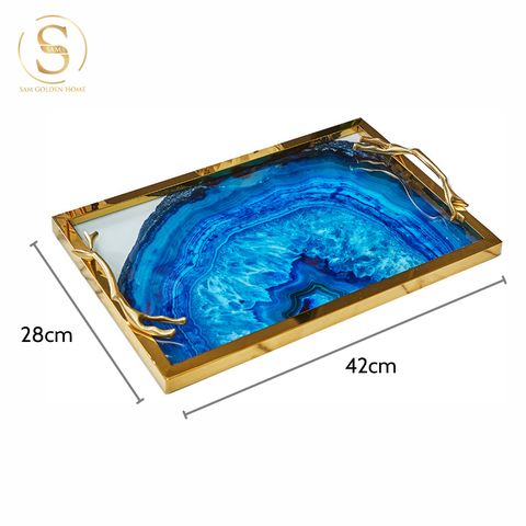  Khay Chữ Nhật Lazuli Trang Trí Mặt Thủy Tinh Cao Cấp Khung Inox Mạ Vàng Sang Trọng Màu Xanh Lưu Ly 