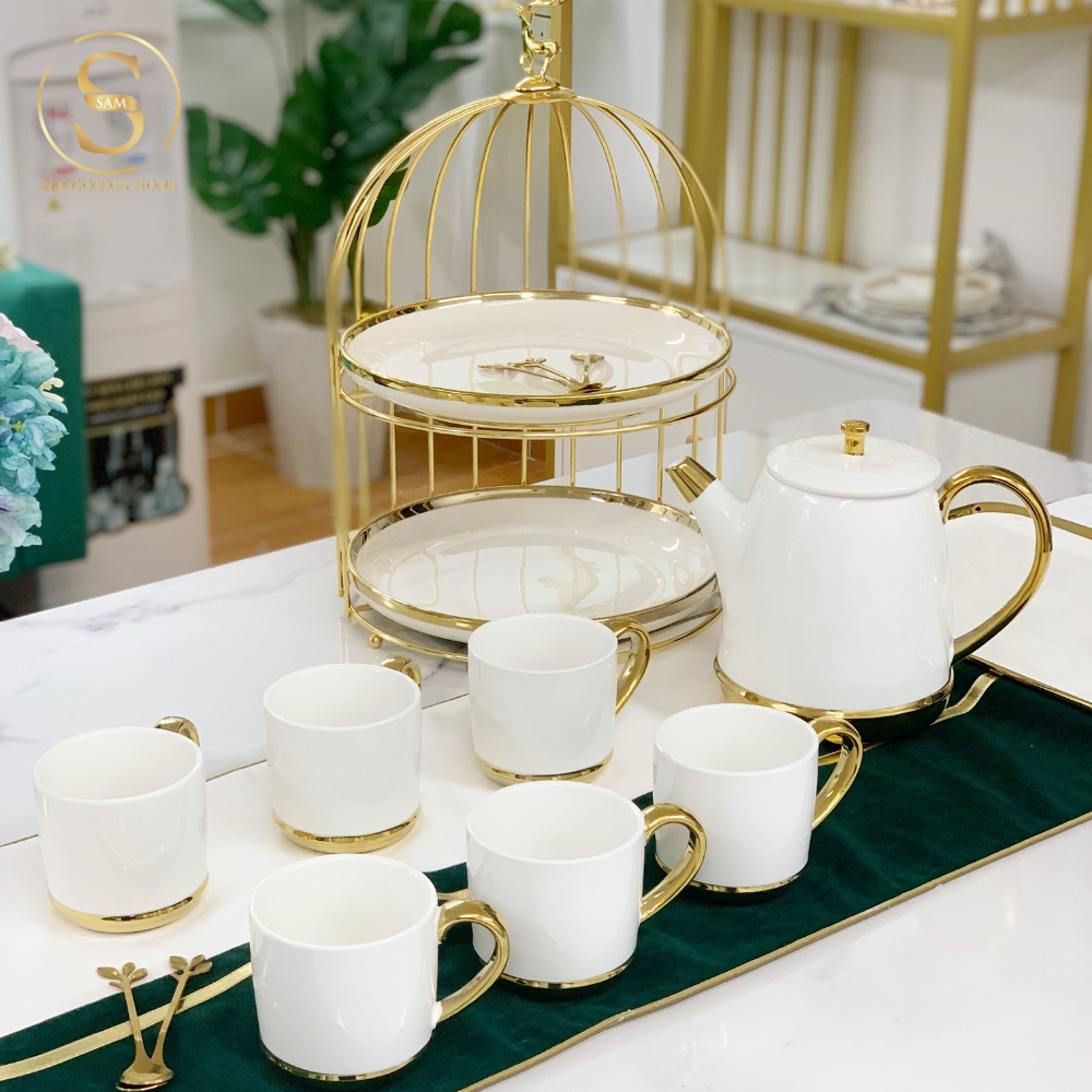 Bộ Ấm Trà Tobi Gốm Sứ Cao Cấp Kèm Khay Đựng Màu Trắng Sang Trọng Viền Vàng Phong Cách Châu Âu