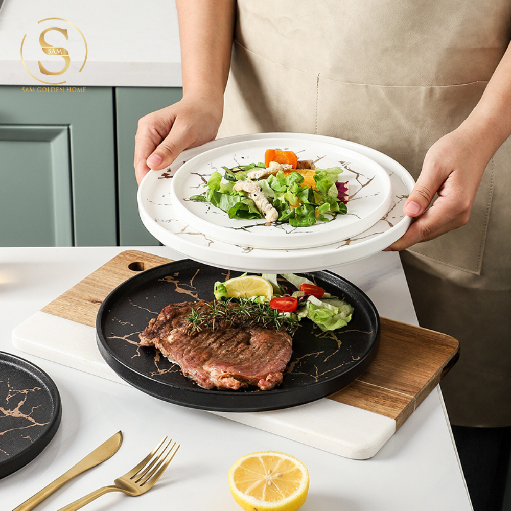 Đĩa Pasta Sứ 20 Rome Marble Đen Vân Đá Sang Trọng Hiện Đại Châu Âu - Rome Marble Plate