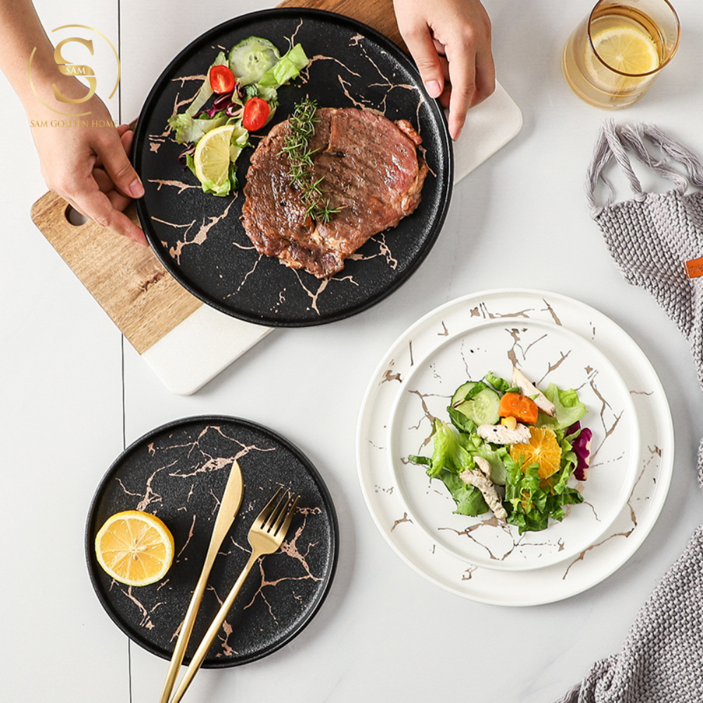 Đĩa Pasta Sứ 25 Rome Marble Trắng Vân Đá Sang Trọng Hiện Đại Châu Âu - Rome Marble Plate