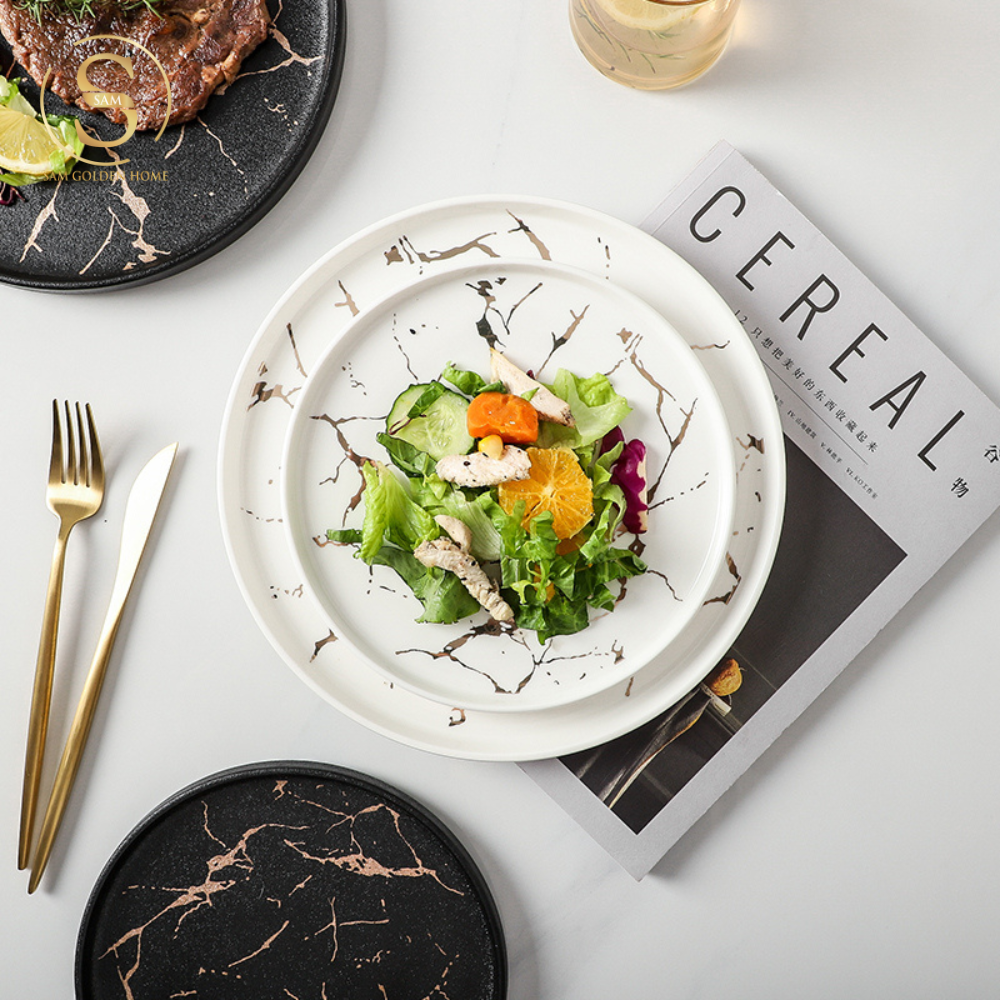 Đĩa Pasta Sứ 20 Rome Marble Đen Vân Đá Sang Trọng Hiện Đại Châu Âu - Rome Marble Plate