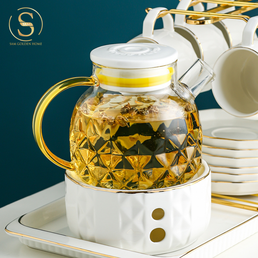 Pinesta – Bộ Trà Sứ Xương Cao Cấp 10 Món – Bình Trà Thủy Tinh, Ly 250ml, Khay, Giá Đỡ, Đế Nến Giữ Nhiệt – Dành Cho Không Gian Hiện Đại Sang Trọng