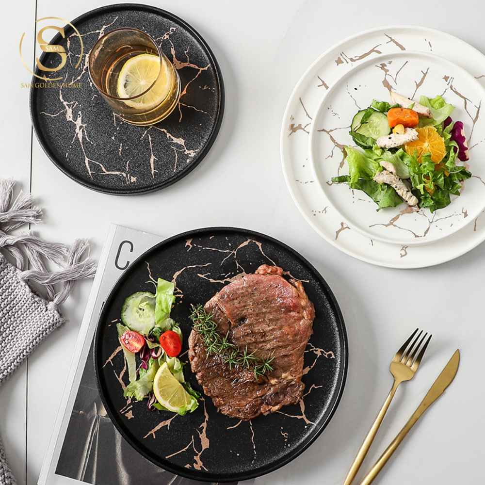 Đĩa Pasta Sứ 20 Rome Marble Đen Vân Đá Sang Trọng Hiện Đại Châu Âu - Rome Marble Plate
