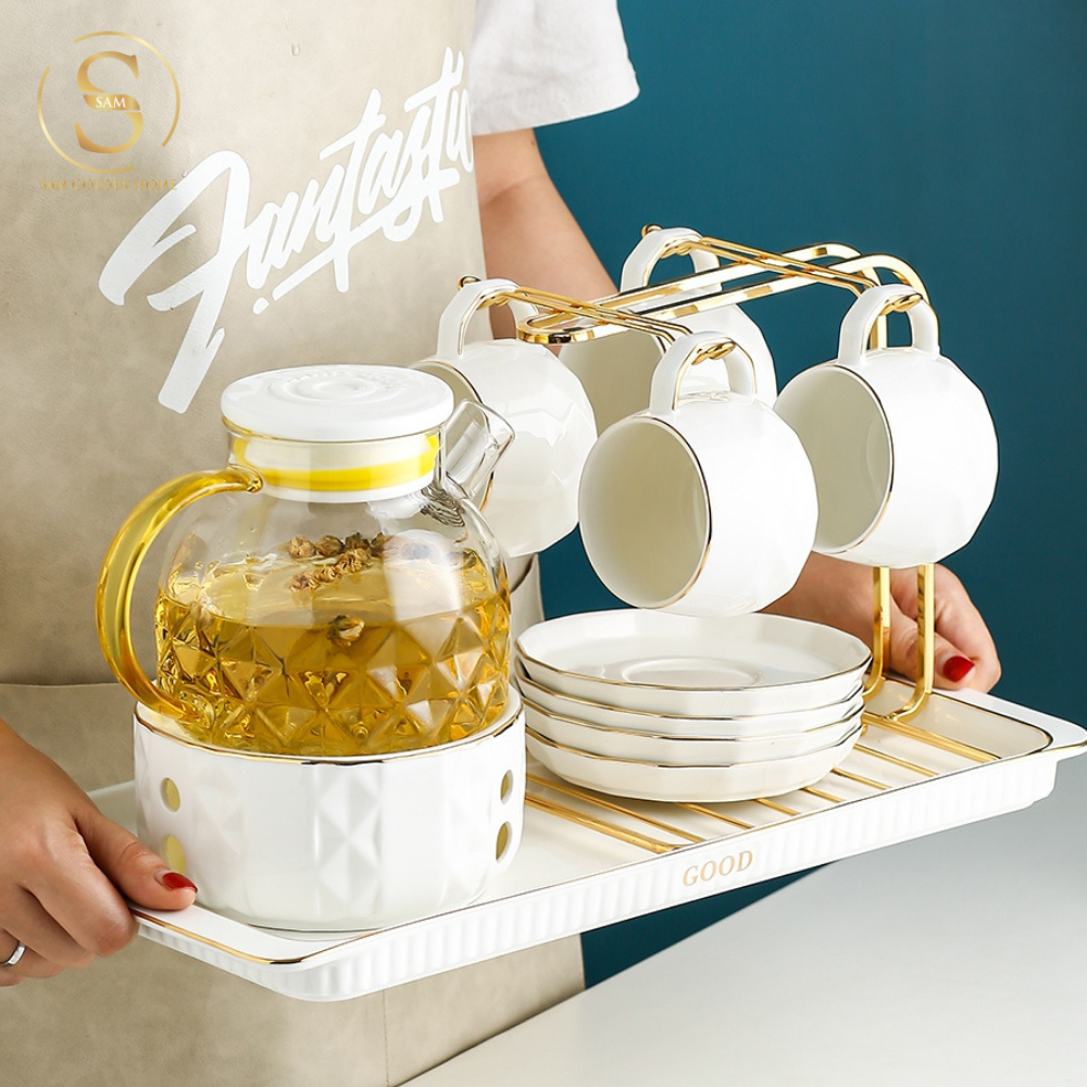 Pinesta – Bộ Trà Sứ Xương Cao Cấp 10 Món – Bình Trà Thủy Tinh, Ly 250ml, Khay, Giá Đỡ, Đế Nến Giữ Nhiệt – Dành Cho Không Gian Hiện Đại Sang Trọng