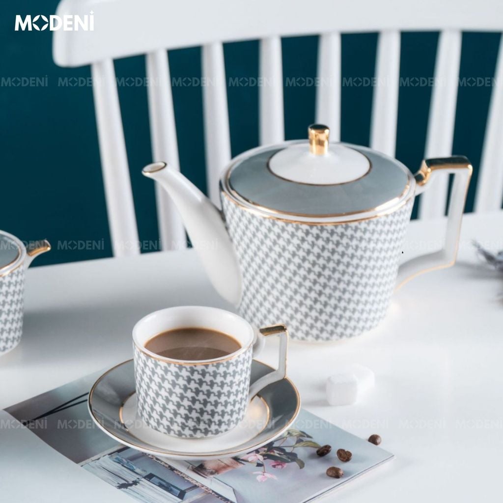 Bộ Trà Sứ Xương Semal Cao Cấp 21 Món – Gồm Ấm, Hủ Sữa, Đường, 6 Ly Kèm Muỗng Gold – Phù Hợp Decor Biệt Thự hoặc Làm Quà Tặng Sang Trọng