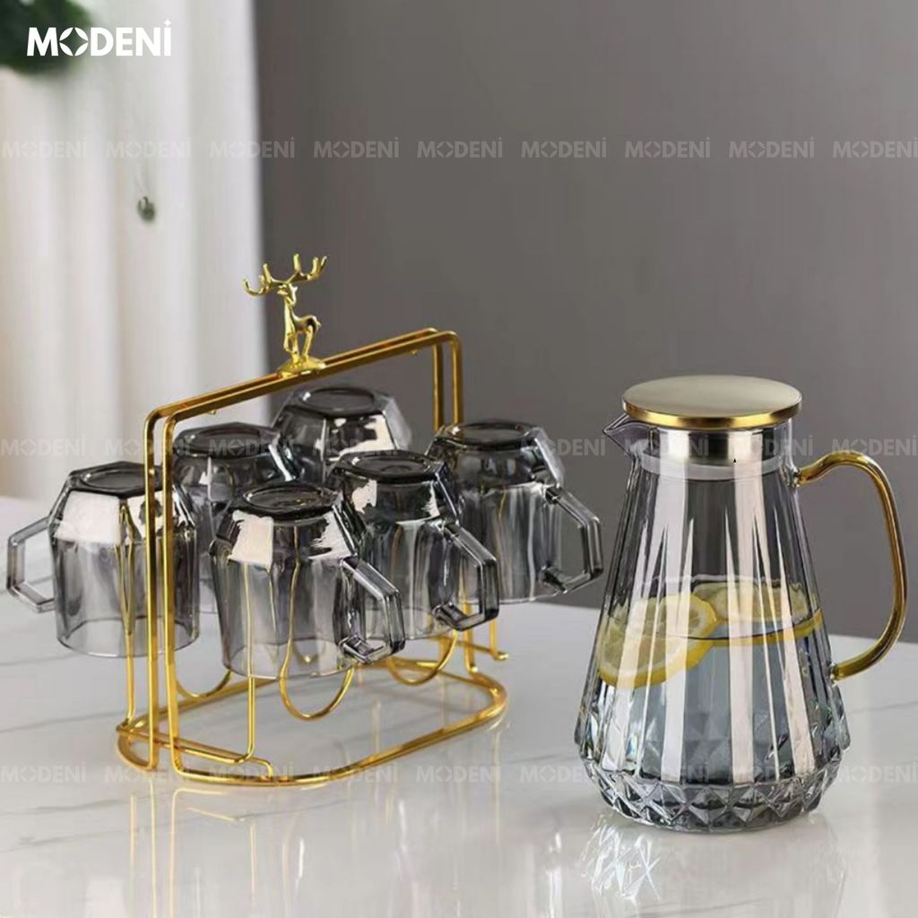 Elemi Màu Đen – Bộ Bình Ly Thủy Tinh Cao Cấp Phối Hợp Kim – 1 Bình 6 Ly Kèm Giá Đỡ Sang Trọng Cho Bàn Tiếp Khách hoặc Quà Tặng Biệt Thự
