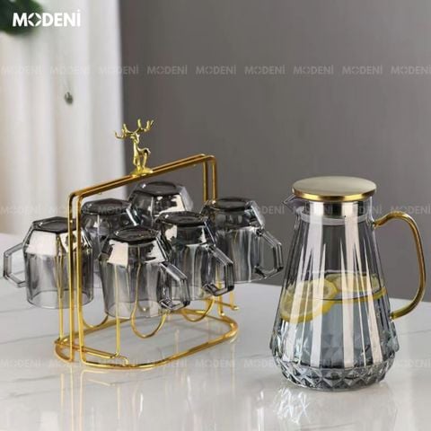 Bộ bình ly Elemi màu đen thuỷ tinh cao cấp kèm khay giá đỡ hợp kim sang trọng