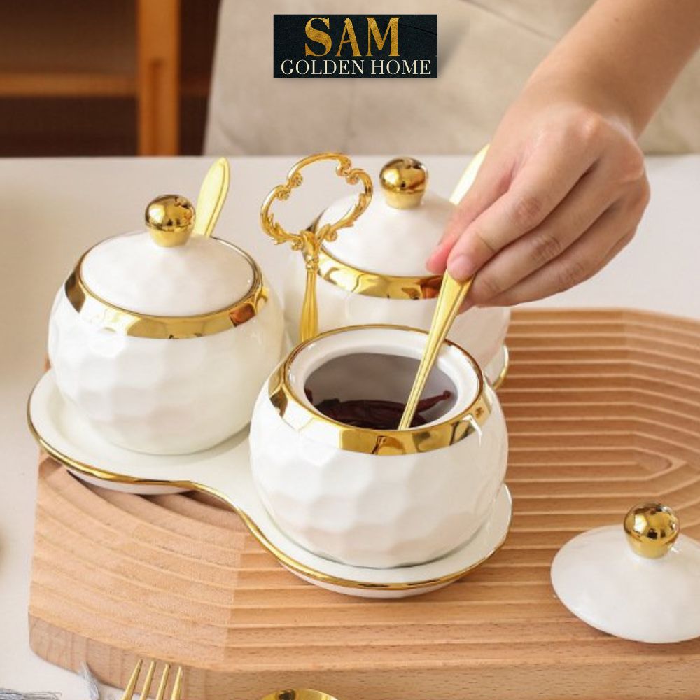 Hũ Đựng Gia Vị Cori Sứ Tráng Men Ceramics Viền Vàng Cao Cấp Kèm Khay Sứ và Thìa Phong Cách Hàn Quốc Sang Trọng