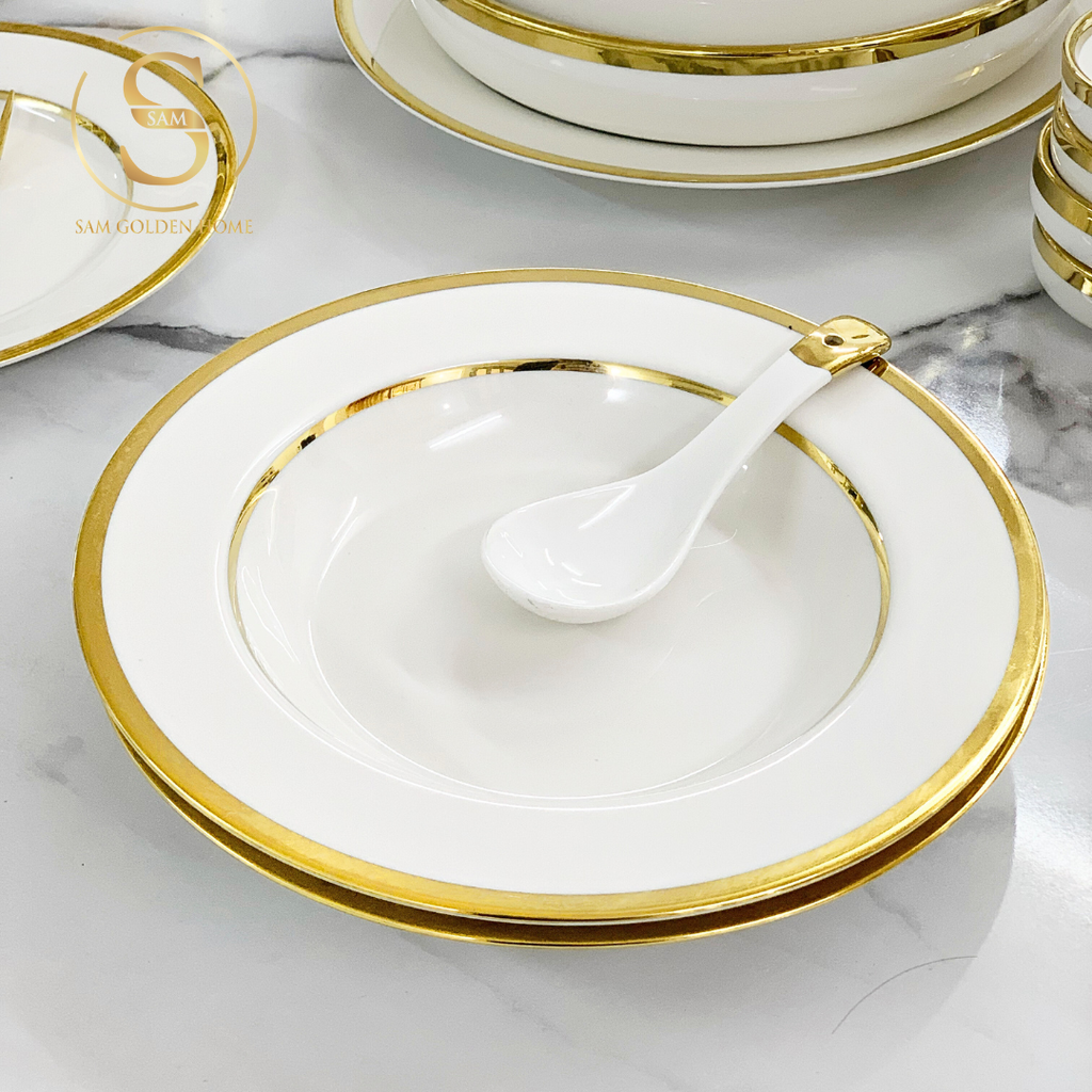 Bộ Tô Chén Đĩa Viền Vàng Nortylis Màu Trắng Gốm Sứ Cao Cấp Phong Cách Hiện Đại Châu Âu Quà Tặng Tân Gia