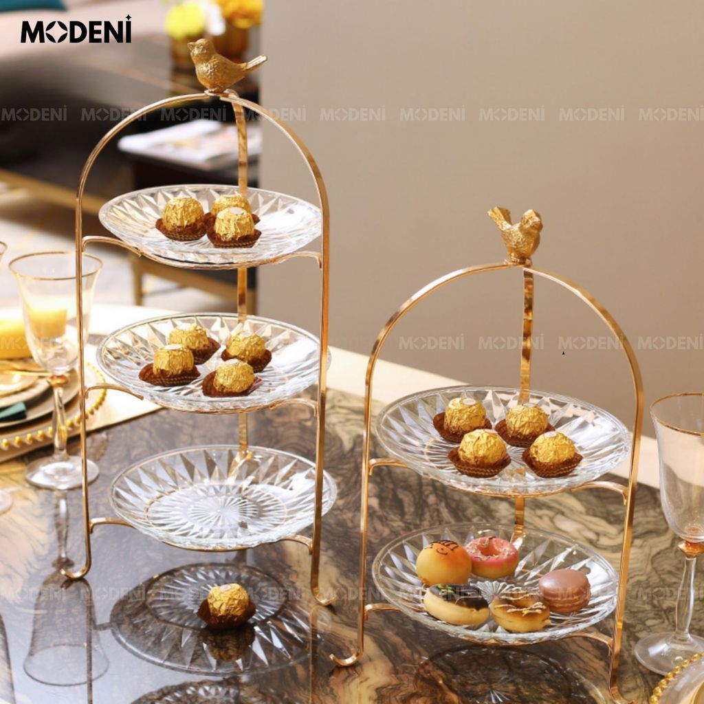 Khay 2 Tầng Kite Chim Vàng Kèm Đĩa Thủy Tinh – Decor Tiệc Trà, Đựng Bánh Trái Sang Trọng – Kiểu Dáng Hiện Đại Tinh Tế