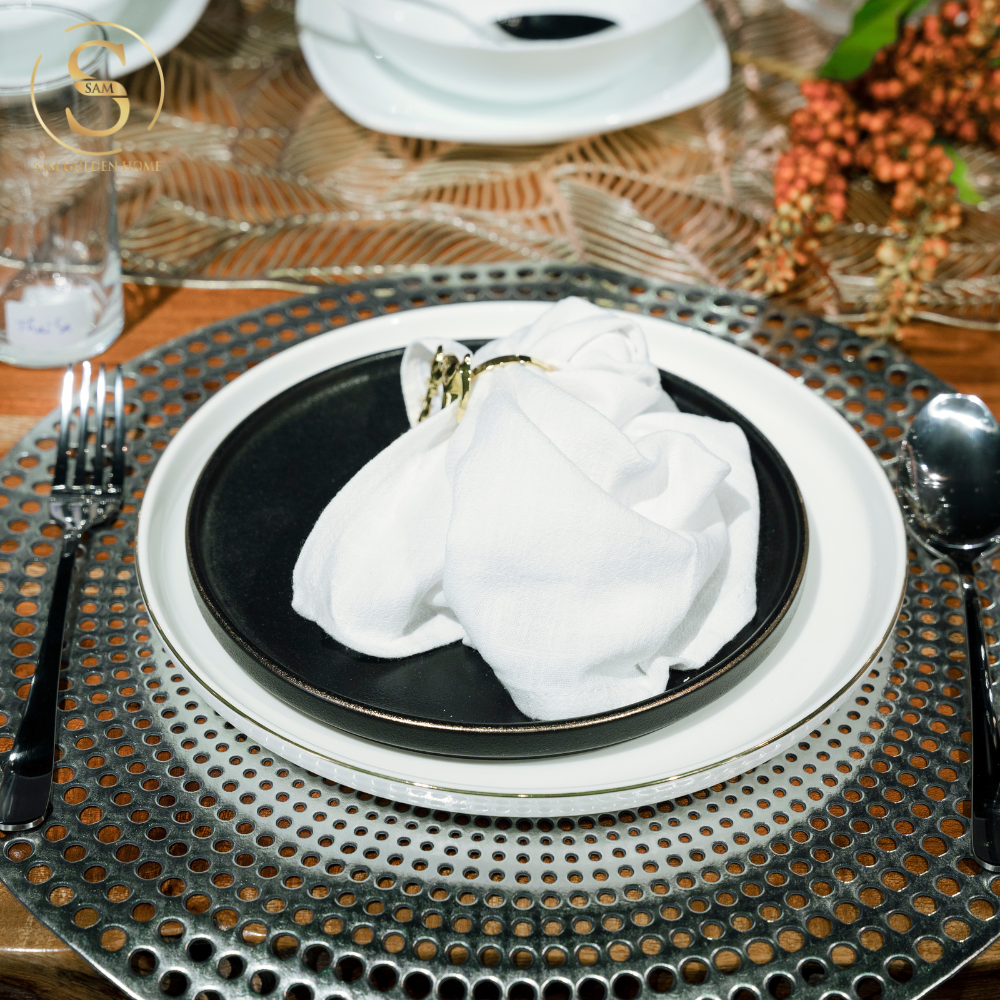 Đĩa Sứ Hasimi 25 Steak, Pasta Trắng Viền Chỉ Vàng Châu Âu Phong Cách Tối Giản Minimalism