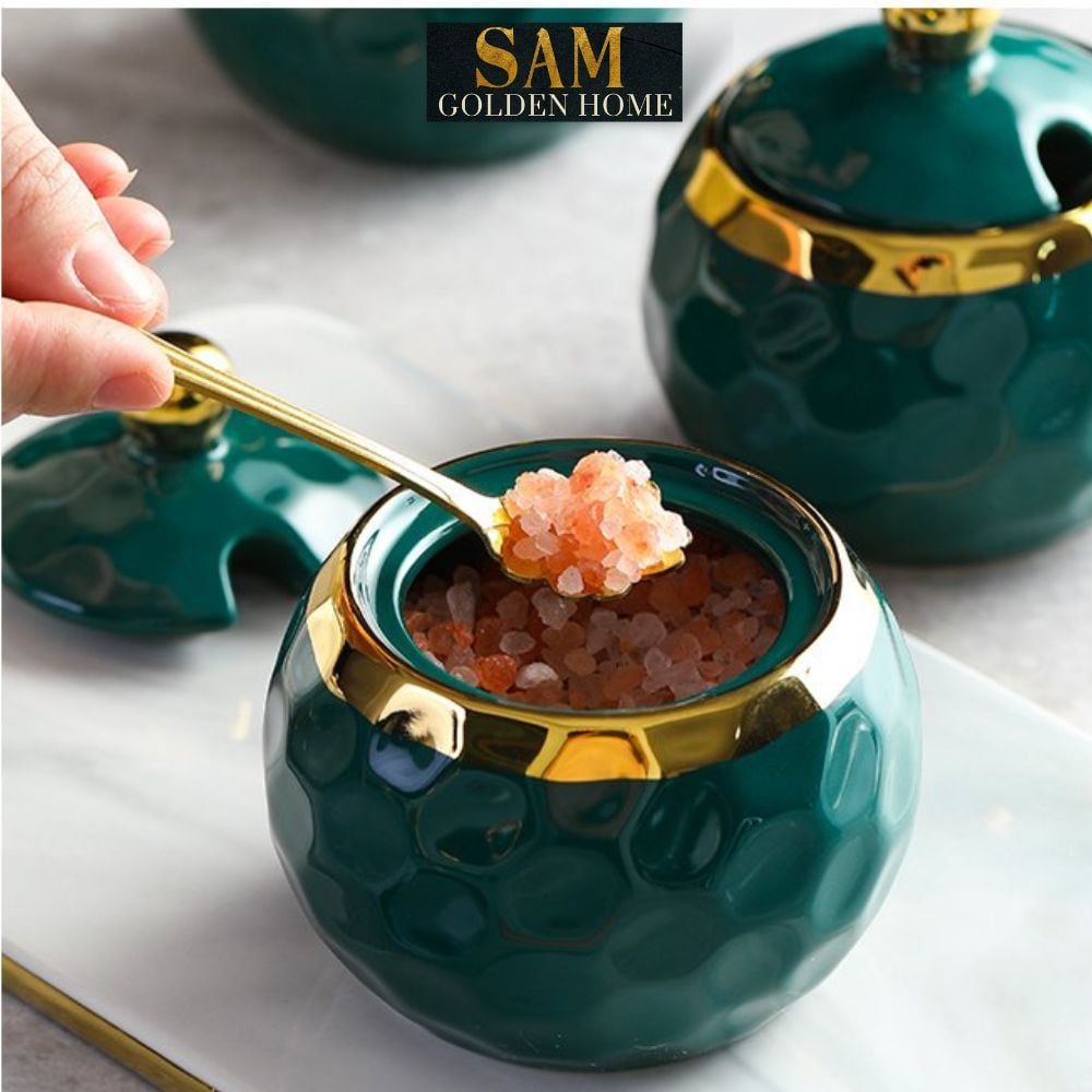 Hũ Đựng Gia Vị Cori Sứ Tráng Men Ceramics Viền Vàng Cao Cấp Kèm Khay Sứ và Thìa Phong Cách Hàn Quốc Sang Trọng