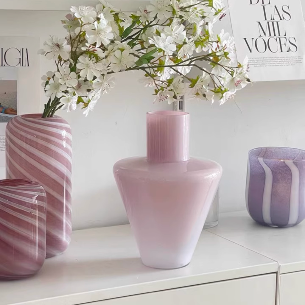 Bình Hoa Lush Thủy Tinh Cao Cấp – Decor Bàn Sang Trọng – Màu Tím Hồng Nhạt 30cm Phù Hợp Phòng Khách, Console