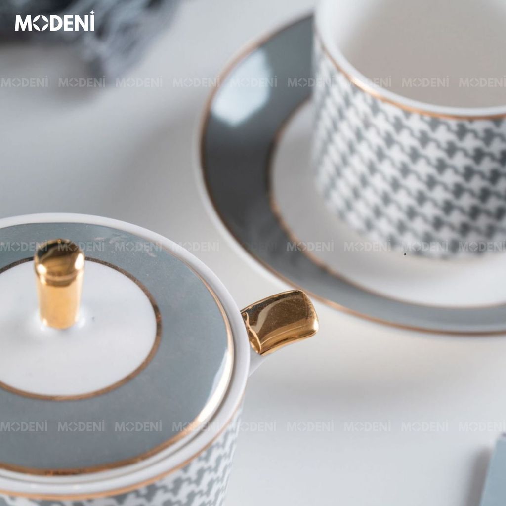 Bộ Trà Sứ Xương Semal Cao Cấp 21 Món – Gồm Ấm, Hủ Sữa, Đường, 6 Ly Kèm Muỗng Gold – Phù Hợp Decor Biệt Thự hoặc Làm Quà Tặng Sang Trọng