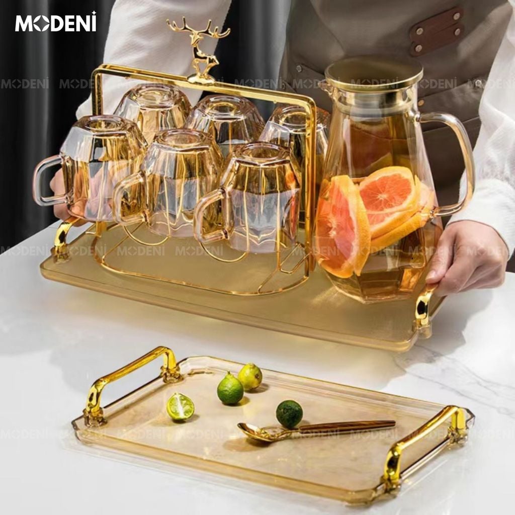 Elemi Màu Cam – Bộ Bình Ly Thủy Tinh Cao Cấp Có Giá Đỡ Hợp Kim – Phong Cách Hiện Đại Cho Bàn Tiếp Khách hoặc Quà Tặng Sang Trọng