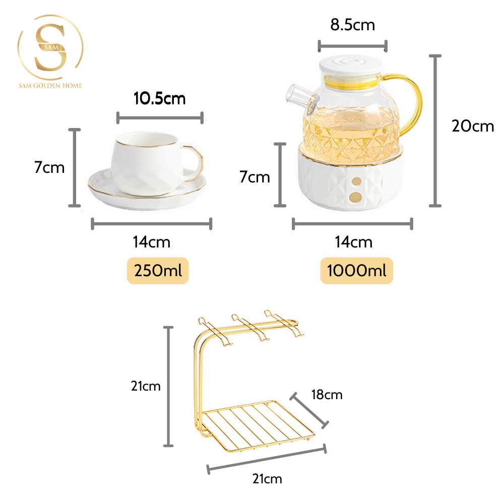 Pinesta – Bộ Trà Sứ Xương Cao Cấp 10 Món – Bình Trà Thủy Tinh, Ly 250ml, Khay, Giá Đỡ, Đế Nến Giữ Nhiệt – Dành Cho Không Gian Hiện Đại Sang Trọng