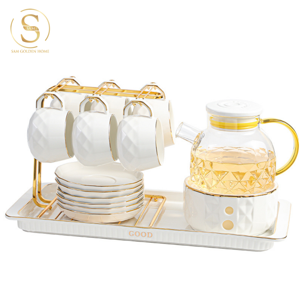 Pinesta – Bộ Trà Sứ Xương Cao Cấp 10 Món – Bình Trà Thủy Tinh, Ly 250ml, Khay, Giá Đỡ, Đế Nến Giữ Nhiệt – Dành Cho Không Gian Hiện Đại Sang Trọng