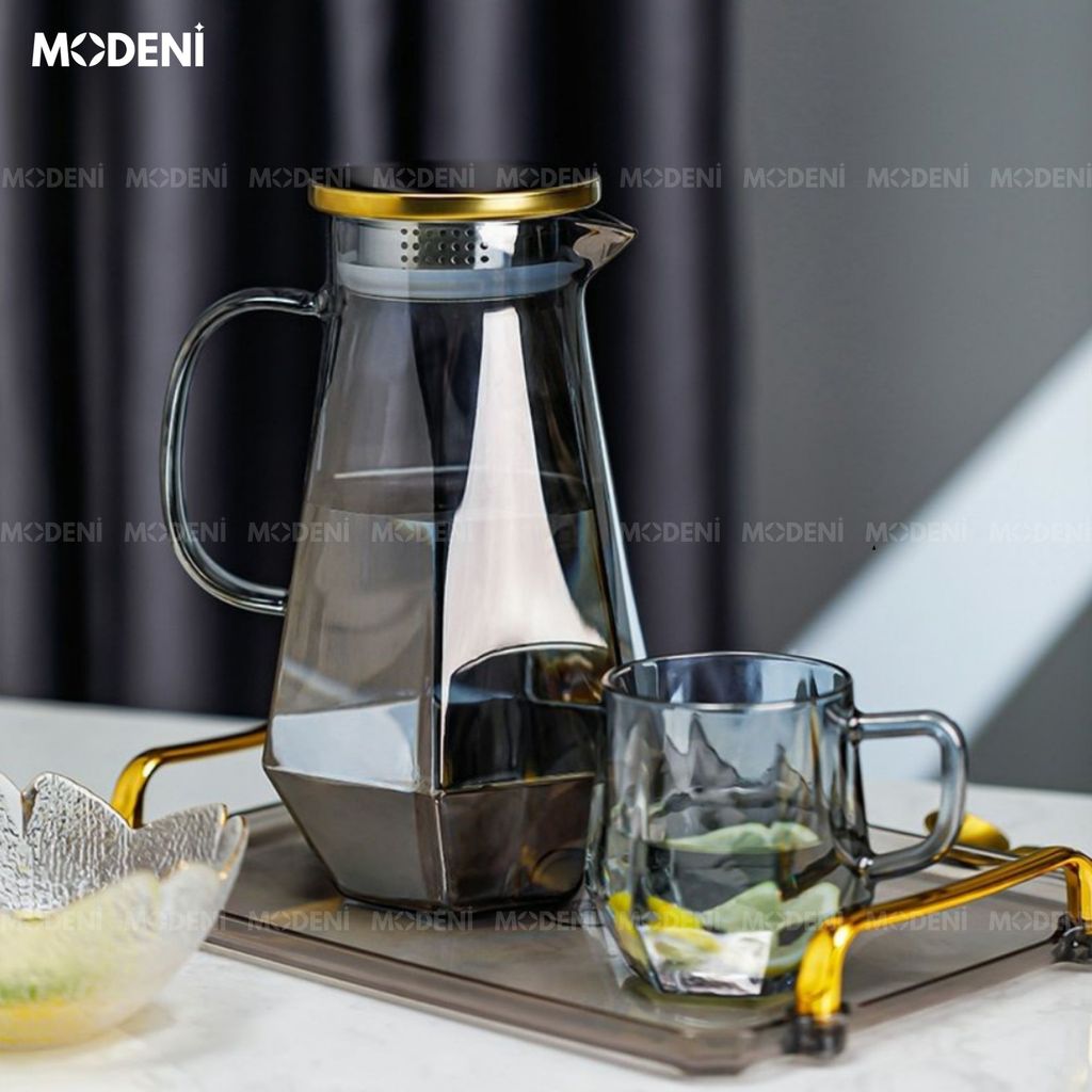 Elemi Màu Đen – Bộ Bình Ly Thủy Tinh Cao Cấp Phối Hợp Kim – 1 Bình 6 Ly Kèm Giá Đỡ Sang Trọng Cho Bàn Tiếp Khách hoặc Quà Tặng Biệt Thự