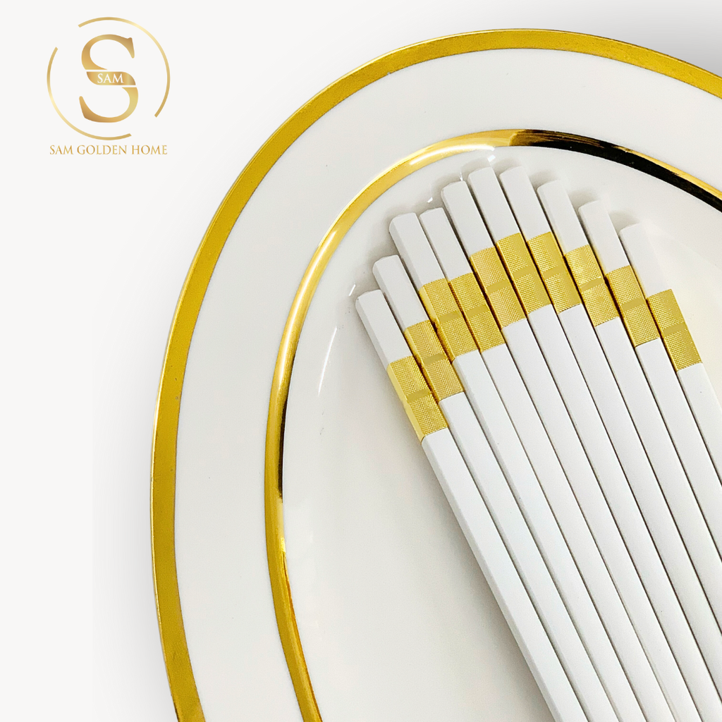 Bộ Tô Chén Đĩa Viền Vàng Nortylis Màu Trắng Gốm Sứ Cao Cấp Phong Cách Hiện Đại Châu Âu Quà Tặng Tân Gia