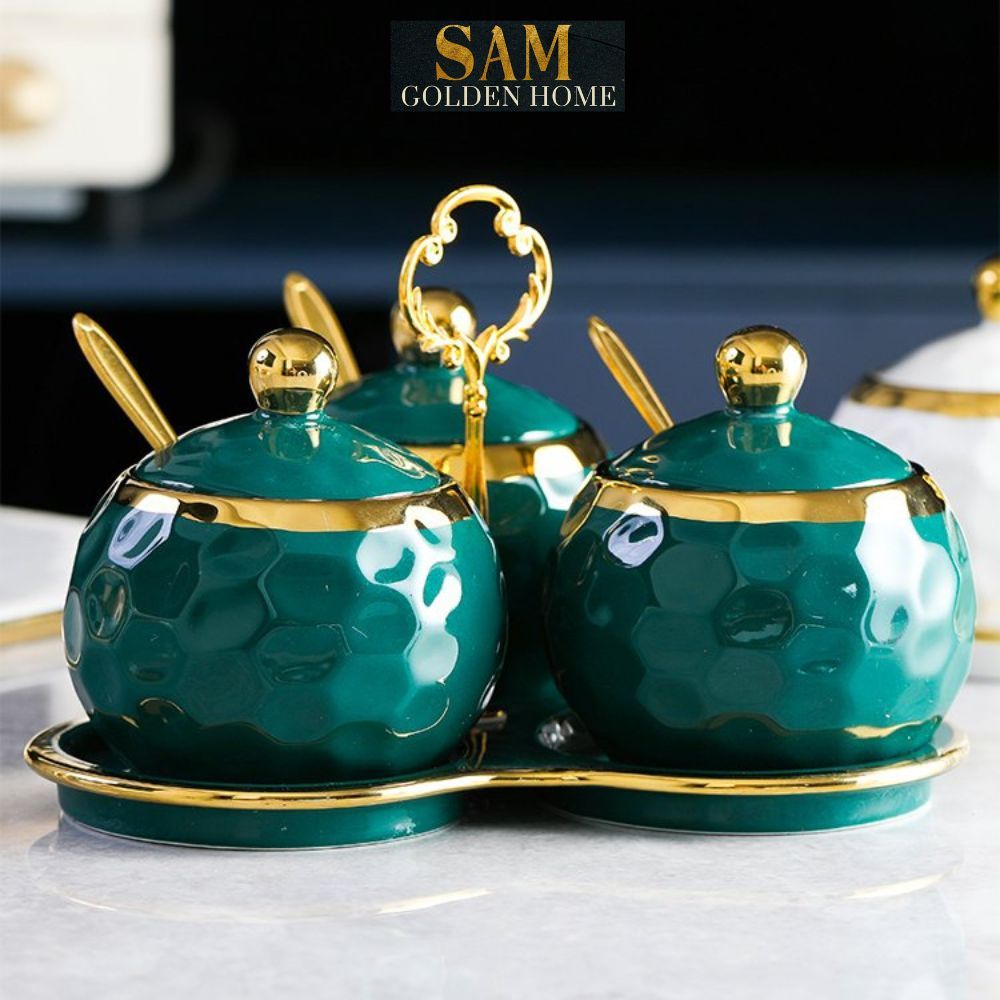 Hũ Đựng Gia Vị Cori Sứ Tráng Men Ceramics Viền Vàng Cao Cấp Kèm Khay Sứ và Thìa Phong Cách Hàn Quốc Sang Trọng