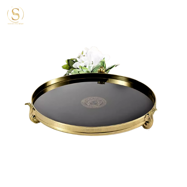 Khay Hình Tròn V Luxury Neo Trang Trí Cao Cấp Màu Đen Viền Vàng Sang Trọng Phong Cách Châu Âu Hiện Đại