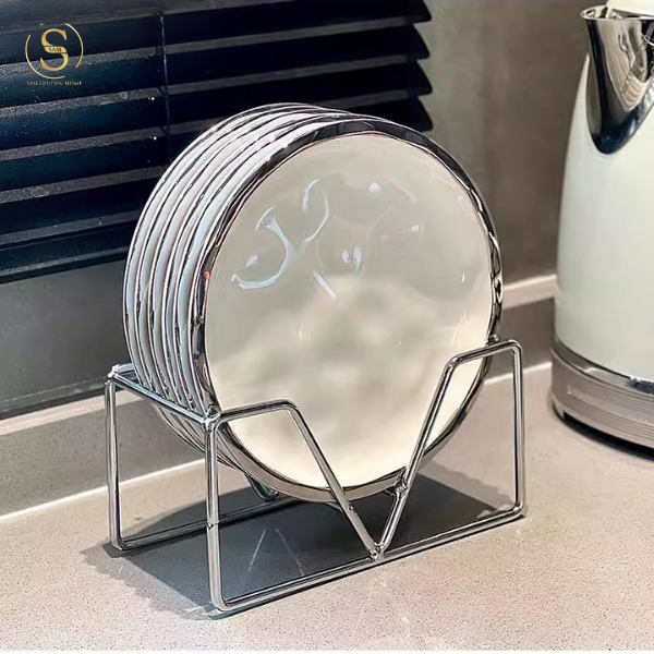 Set 6 Đĩa Eira Trắng Kèm Giá Inox Viền Bạc Phong Cách Bắc Âu
