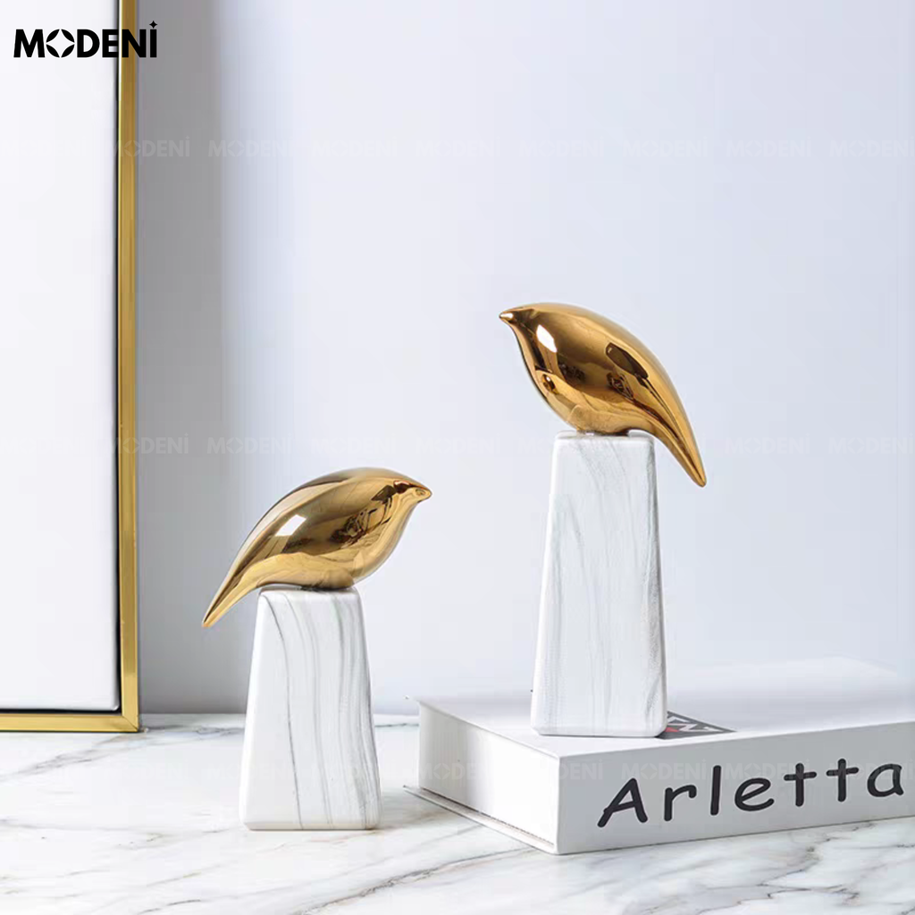 Tượng Aurora Chim Nghệ Thuật Cao Cấp – Ánh Kim Sang Trọng, Đế Đá Cẩm Thạch – Decor Bàn Console, Kệ Tủ, Không Gian Hiện Đại