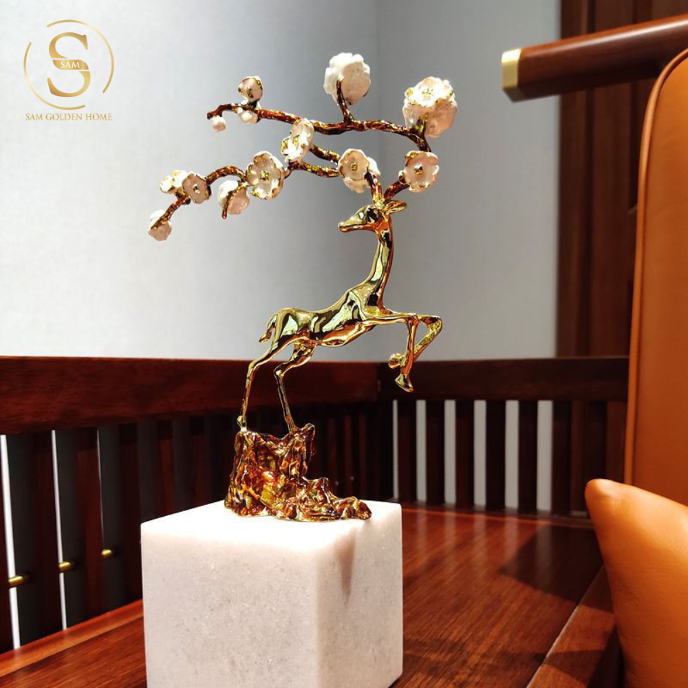 Tượng Đồng Nai Hươu Fiona Mạ Vàng Sang Trọng Đế Đá Cẩm Thạch Tự Nhiên Cao Cấp