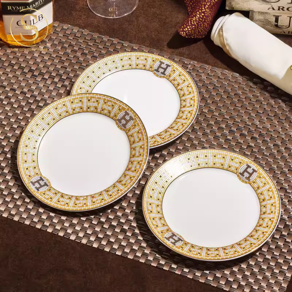 Bộ Chén Bát Đĩa Sứ Xương H-Paris (Vuông) - Bộ 70 Món Cao Cấp Viền Vàng