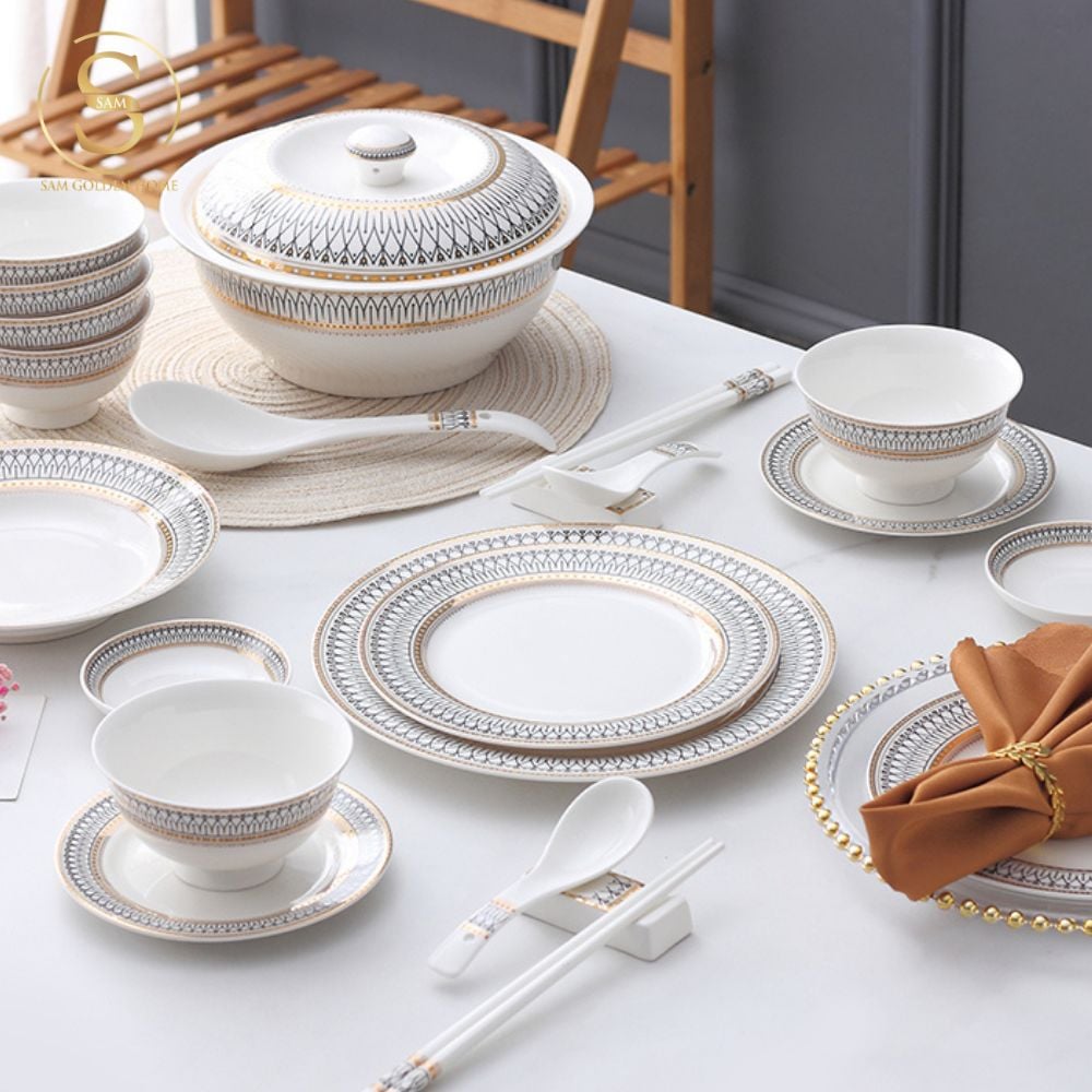 Chén Bát Đĩa Lẻ Món Sứ Xương Aura Cao Cấp Viền Vàng Sang Trọng Kiểu Âu Thời Thượng Quà Tặng Tân Gia