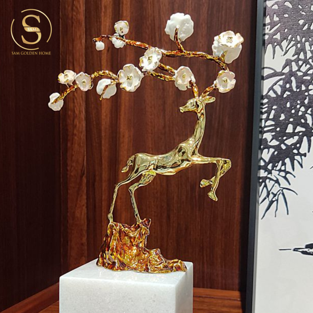 Tượng Đồng Nai Hươu Fiona Mạ Vàng Sang Trọng Đế Đá Cẩm Thạch Tự Nhiên Cao Cấp