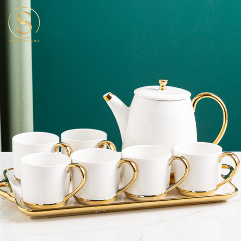  Bộ Ấm Trà Tobi Gốm Sứ Cao Cấp Kèm Khay Đựng Màu Trắng Sang Trọng Viền Vàng Phong Cách Châu Âu 