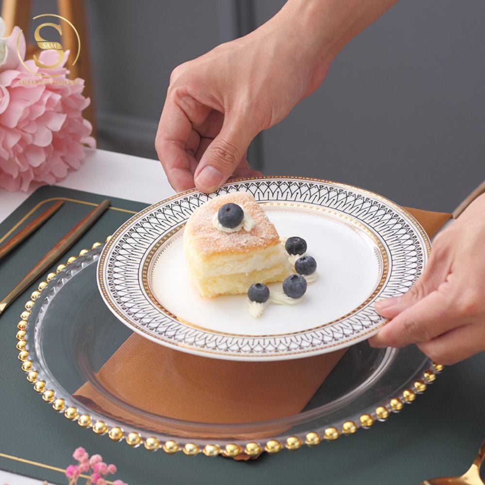 Chén Bát Đĩa Lẻ Món Sứ Xương Aura Cao Cấp Viền Vàng Sang Trọng Kiểu Âu Thời Thượng Quà Tặng Tân Gia