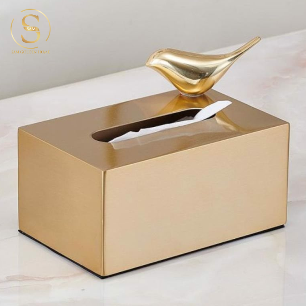 Hộp Đựng Khăn Giấy Sang Trọng Coco Vàng Gold Hợp Kim Cao Cấp Tặng Kèm Tượng Chim Sẻ Gold Decor Phòng Ăn