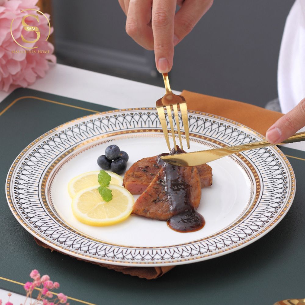 Chén Bát Đĩa Lẻ Món Sứ Xương Aura Cao Cấp Viền Vàng Sang Trọng Kiểu Âu Thời Thượng Quà Tặng Tân Gia