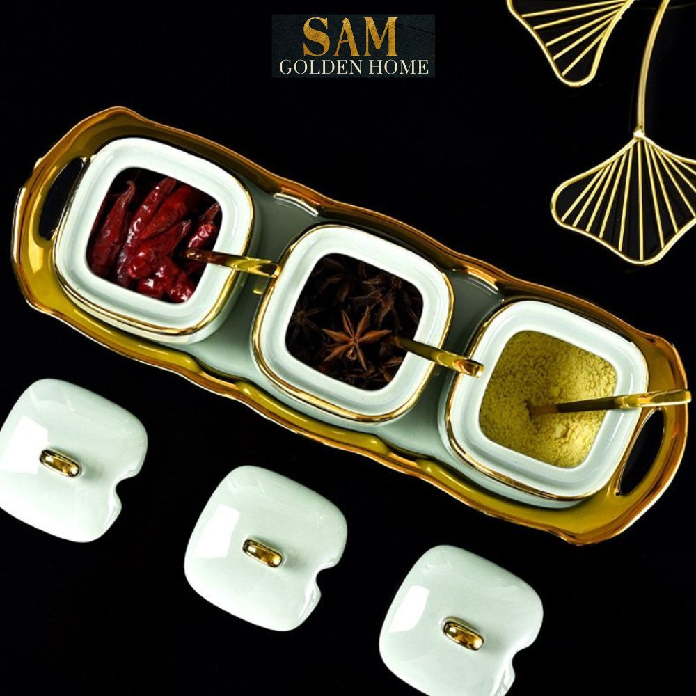 Hũ Đựng Gia Vị Gốm Sứ Tubi Cao Cấp Emerald Viền Vàng Gold Sang Trọng Phong Cách Hiện Đại