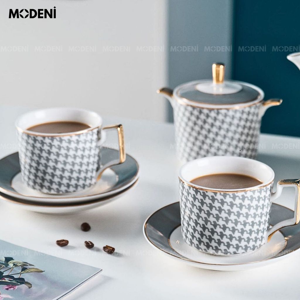 Bộ Trà Sứ Xương Semal Cao Cấp 21 Món – Gồm Ấm, Hủ Sữa, Đường, 6 Ly Kèm Muỗng Gold – Phù Hợp Decor Biệt Thự hoặc Làm Quà Tặng Sang Trọng