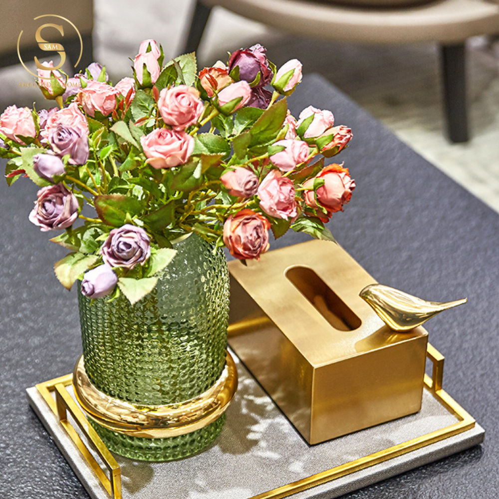 Hộp Đựng Khăn Giấy Sang Trọng Coco Vàng Gold Hợp Kim Cao Cấp Tặng Kèm Tượng Chim Sẻ Gold Decor Phòng Ăn