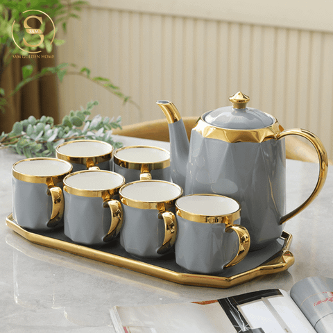  Bộ Ấm Trà Shein Gốm Sứ Cao Cấp Màu Xám Viền Vàng Sang Trọng Kèm Khay Đựng Hiện Đại 