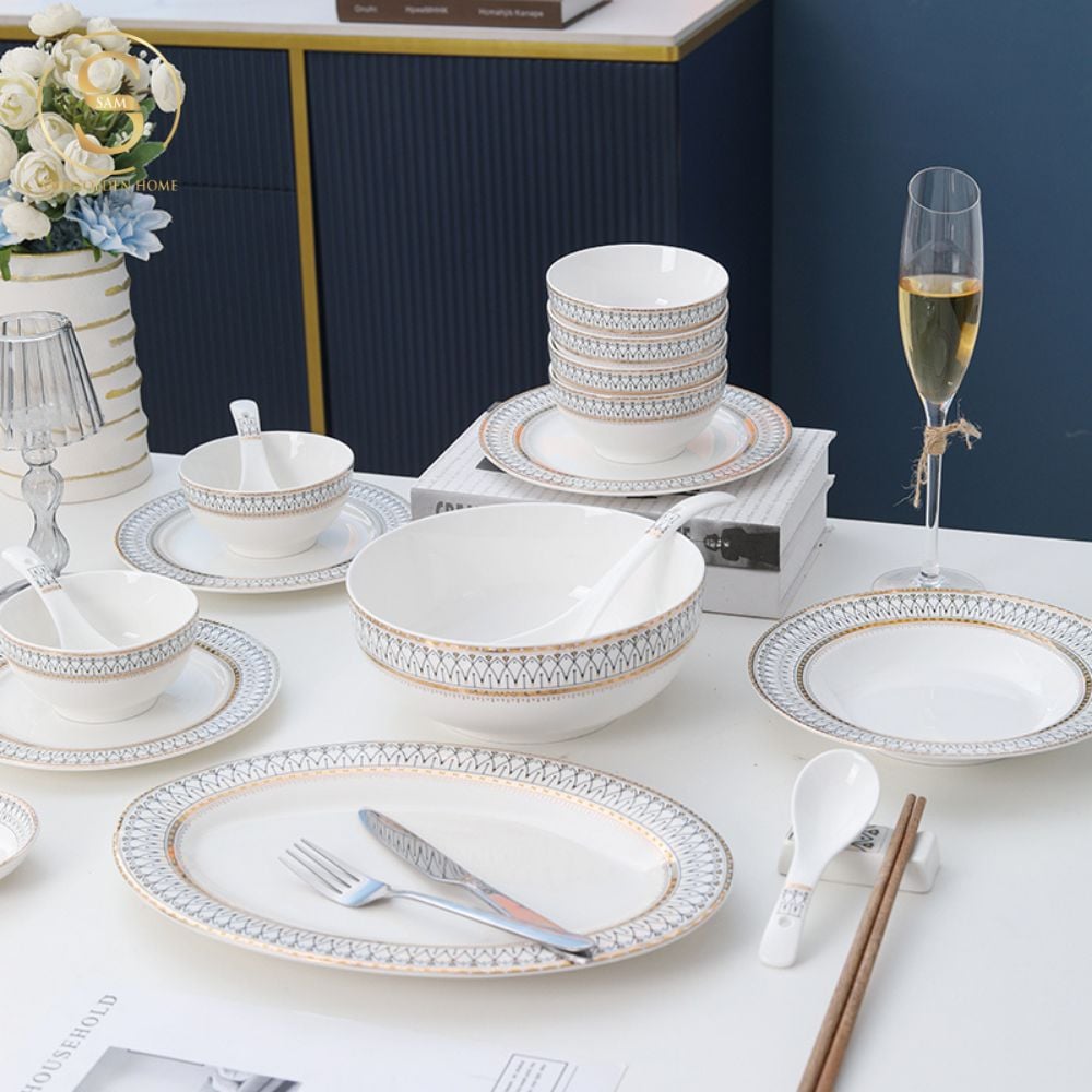 Chén Bát Đĩa Lẻ Món Sứ Xương Aura Cao Cấp Viền Vàng Sang Trọng Kiểu Âu Thời Thượng Quà Tặng Tân Gia