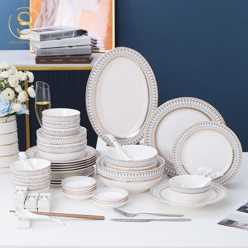 Chén Bát Đĩa Lẻ Món Sứ Xương Aura Cao Cấp Viền Vàng Sang Trọng Kiểu Âu Thời Thượng Quà Tặng Tân Gia